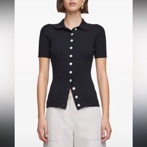 ANNA QUAN avi ribbed TOP Black Ribbed Polo Top